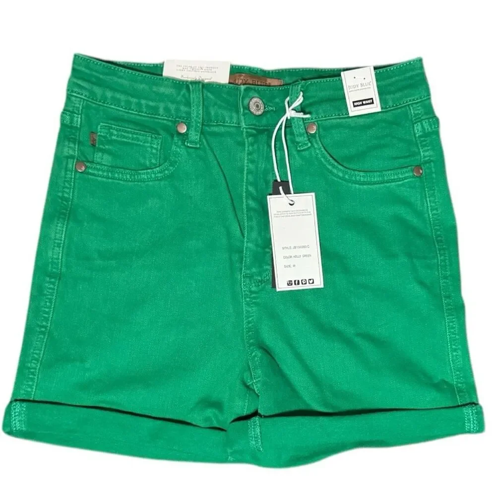 Judy Blue Shorts Green High Rise Tummy Control Cuffed Garment Dyed Stretch Denim - Picture 12 of 16